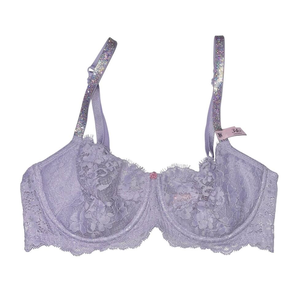 Victoria's Secret Wicked Twinkle Strap Unlined Lace Balconette Bra Lilac 34D